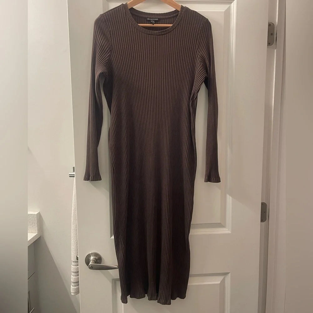 Eileen Fisher Brown Ribbed Long-Sleeve Midi Dress